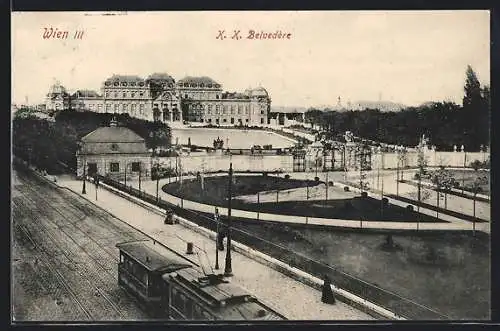 AK Wien, K. K. Belvedere mit Strassenbahn aus der Vogelschau