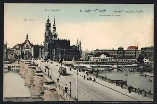 AK Dresden, Friedrich-August-Brücke mit Strassenbahn