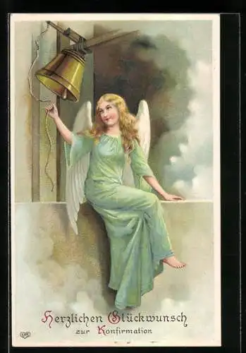 Präge-AK Engel auf einem Fenstersims läutet eine Glocke, Konfirmation