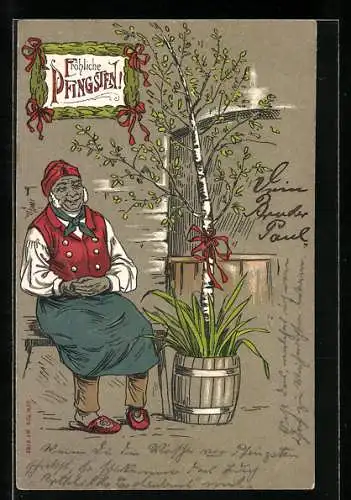 AK Älterer Herr sitzt zu Pfingsten an einem kleinen Birkenbaum