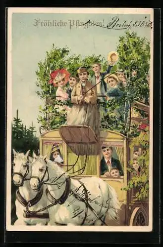 Künstler-AK Pfingstgruss, vollbesetzte Postkutsche