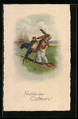 AK Osterhase und Hahn mit einem Sack voller bunter Eier