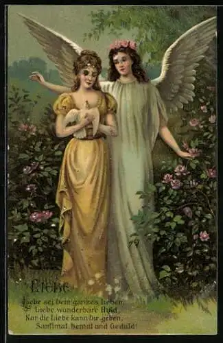 AK Frau mit Taube auf dem Arm, Engel als Beschützer der Liebe