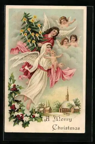 Präge-AK Weihnachtsengel mit Christkind und Tannenbaum auf dem Arm
