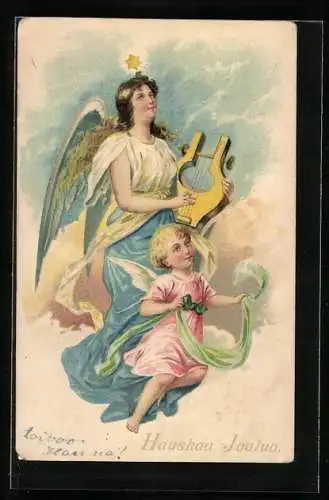 Präge-AK Weihnachtsengel mit Lyra und leuchtendem Stern