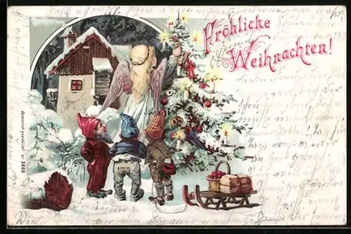 Lithographie Fröhliche Weihnachten!, Weihnachtsengel und Zwerge schmücken den Christbaum