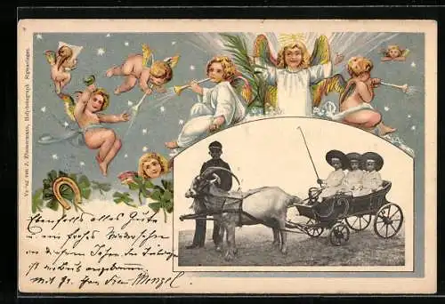 AK Engel mit Fanfaren, Kleeblätter und Hufeisen, Kutsche mit Kindern