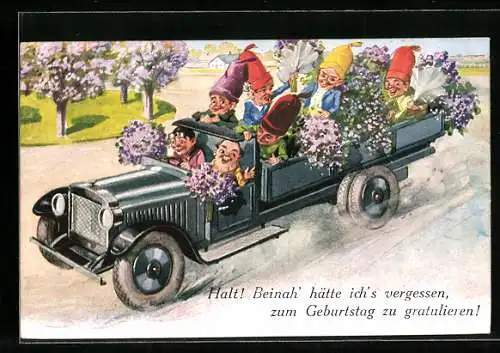 AK Zwerge fahren mit dem Auto und gratulieren mit Blumen zum Geburtstag