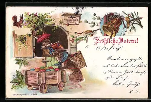 Lithographie Lampe Ostereier-Fabrik Krautheim, Osterhasenpaar verlädt die Ostereier in den Leiterwagen