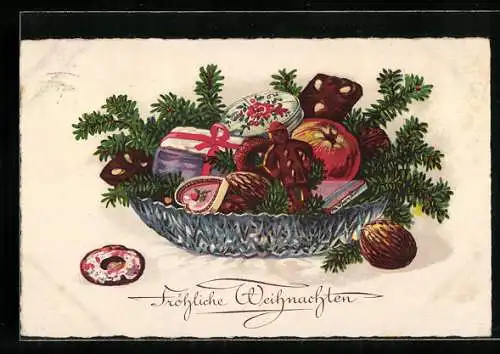 AK Schale mit Lebkuchen und Wallnüssen zu Weihnachten