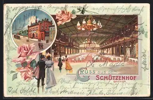 Lithographie Bremen / Stadt, Gasthaus Schützenhof, Saalansicht