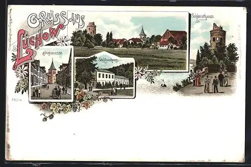 Lithographie Lüchow / Dannenberg, Schützenhaus, Schlossturm, Kirchstrasse