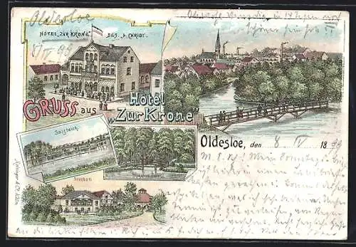 Lithographie Oldesloe, Hotel Zur Krone von A. Christ, Bürgermeisterinsel und Salzteich