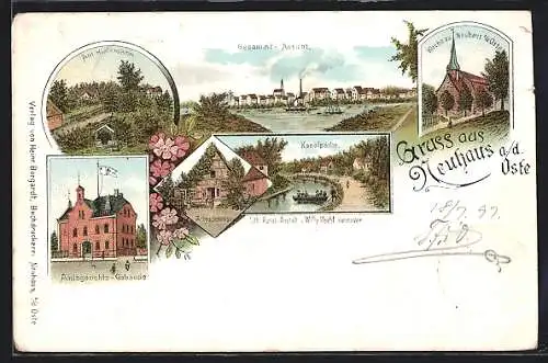 Lithographie Neuhaus a. d. Oste, Amtsgerichts-Gebäude, Kirche, Kanalpartie