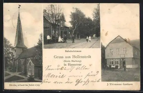 AK Hollenstedt /Kreis Harburg, Gasthaus J. Thiemann, Kirche, Bahnhofstrasse