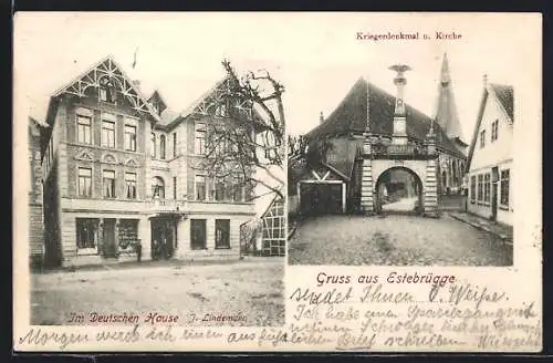 AK Estebrügge, Im Deutschen Hause, J. Lindemann, Kriegerdenkmal und Kirche