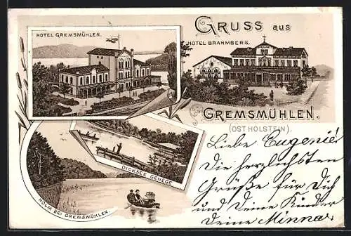 Lithographie Gremsmühlen / Holstein, Hotel Brahmberg, Hotel Gremsmühlen, Dicksee Gehege