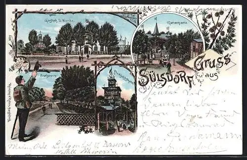 Lithographie Sülsdorf, Gasthof J. Wiencke, Gartenpartie, Dorfstrasse, Aussichtsturm