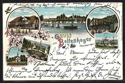 Lithographie Boltenhagen, Hotel zum Grossherzog, Logierhaus F. Schwarz, Seebachs Hotel