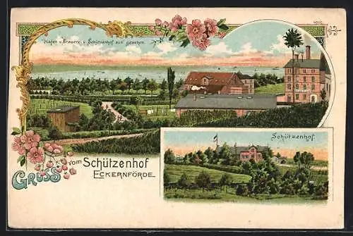 Lithographie Eckernförde, Schützenhof, Hafen und Brauerei
