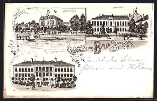 Lithographie Bad Borby, Strandhotel v. H. Krull, Bauschule, Seminar