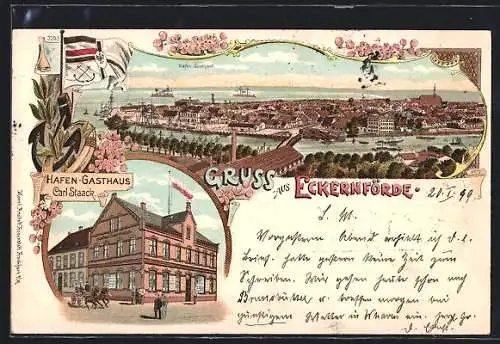 Lithographie Eckernförde, Hafen-Gasthaus, Teilansicht