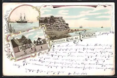 Lithographie Hohwacht, Partie am Strand, Strassenpartie im Ort, Segelschiff