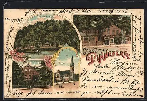 Lithographie Pinneberg, Bahnhof`s Hotel, Gasthof zur Eiche, Kirche