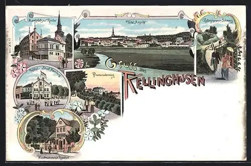 Lithographie Kellinghusen, Totalansicht des Ortes, Marktplatz mit Kirche, Hotel Stadt Hamburg