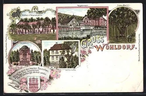 Lithographie Hamburg-Wohldorf, Mausoleum, Hotel zum Waldhaus, Kupferhof, Sieben Buchen