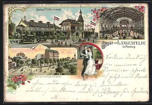 Lithographie Hamburg-Langenfelde, Restaurant Zanzigs Etablissement, Tanz- und Theater-Saal