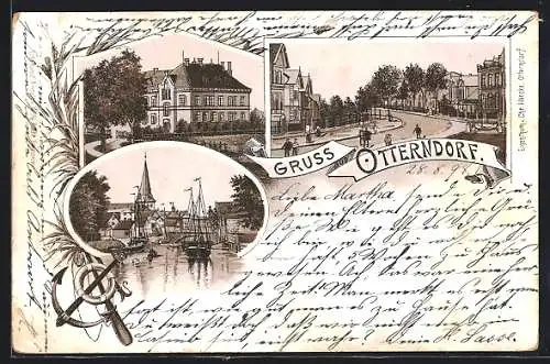 Lithographie Otterndorf, Ortsansicht, Strassenpartie
