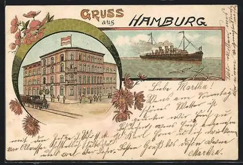 Lithographie Hamburg-Klostertor, Hotel Metz mit Bahn, Dampfschiff