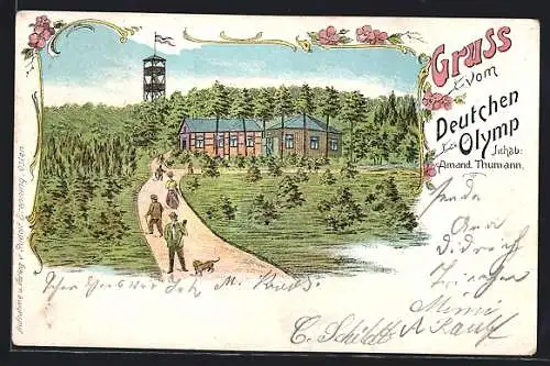 Lithographie Wingst, Weg zum Gasthaus Deutscher Olymp mit Aussichtsturm