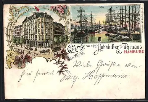 Lithographie Hamburg-Harburg, Hotel Hohelufter Fährhaus mit Strassenbahn, Hafen