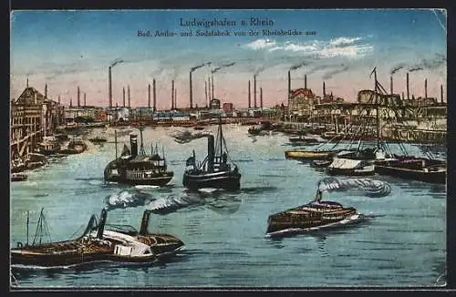 AK Ludwigshafen / Rhein, Anilin- und Sodafabrik von der Rheinbrücke