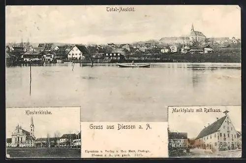 AK Diessen / Ammersee, Totalansicht, Klosterkirche, Markplatz mit Rathaus