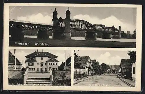 AK Wintersdorf / Rastatt, Rheinbrücke, Schulhaus, Adolf-Hiter-Strasse