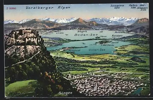 AK Singen / Hohentwiel, Ortspanorama mit Bodensee