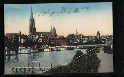 AK Ulm / Donau, Donaupartie mit Blick zur Kirche