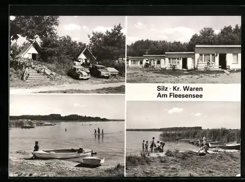 AK Silz / Meckl., Urlauberbungalows, Bootspartie am Fleesensee, Uferpartie