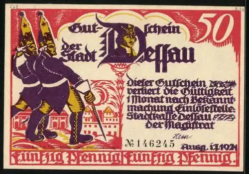 Notgeld Dessau 1921, 50 Pfennig, Soldaten bei einem Festumzug, Gutschein