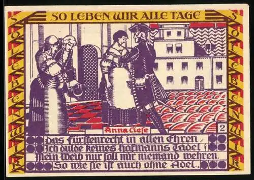 Notgeld Dessau 1921, 50 Pfennig, Edelmann wirbt um eine Frau, Gutschein