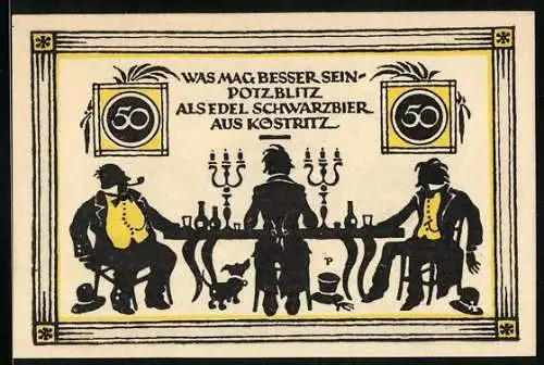Notgeld Köstritz 1921, 50 Pfennig, Männer sitzen mit Schwarzbier an einem Tisch, Gutschein