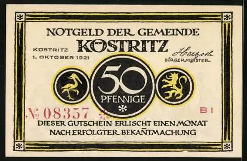 Notgeld Köstritz 1921, 50 Pfennig, Männer sitzen mit Schwarzbier an einem Tisch, Gutschein