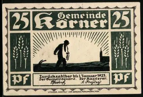 Notgeld Körner 1923, 25 Pfennig, Kloster Volkenroda, Bauer bei der Feldarbeit