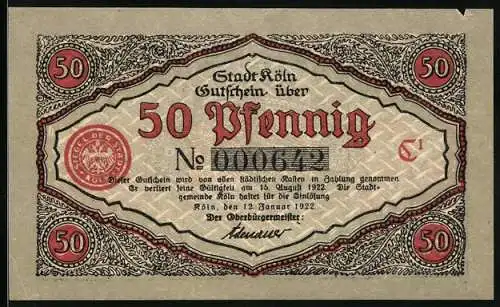 Notgeld Köln 1922, 50 Pfennig, Stadtsoldat verliest eine Mitteilung, Gutschein