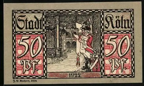 Notgeld Köln 1922, 50 Pfennig, Stadtsoldat verliest eine Mitteilung, Gutschein