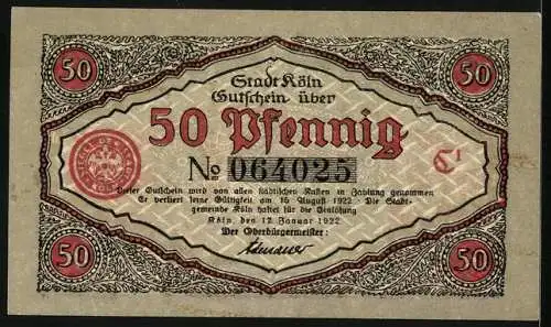 Notgeld Köln 1922, 50 Pfennig, Stadtsoldat verliest eine Mitteilung, Gutschein