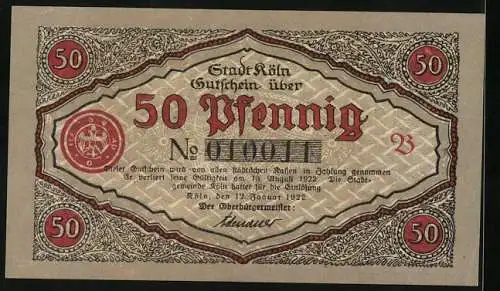 Notgeld Köln 1922, 50 Pfennig, Stadtsoldaten beim Tanz, Gutschein